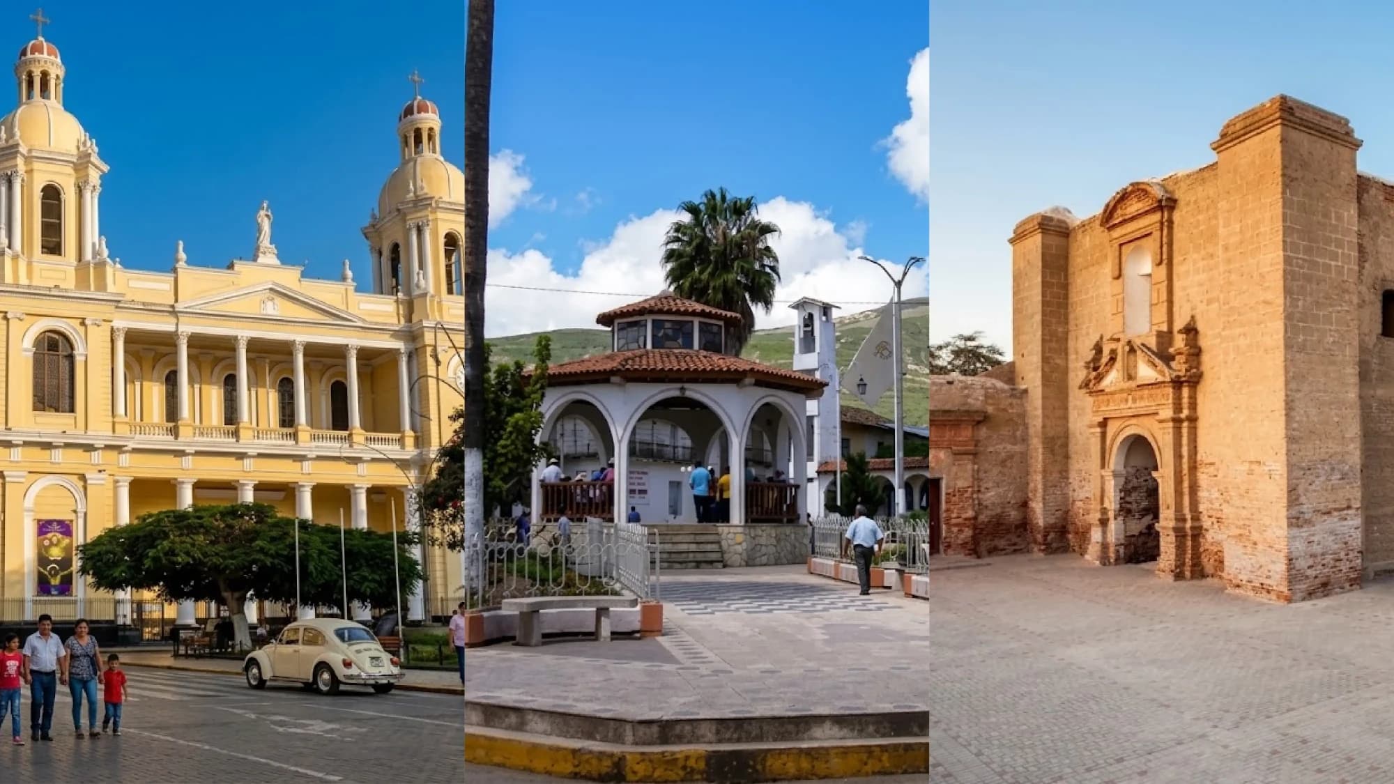 Composición con la Catedral de Chiclayo, la plaza de Santa Cruz de Succhabamba y el convento de Zaña