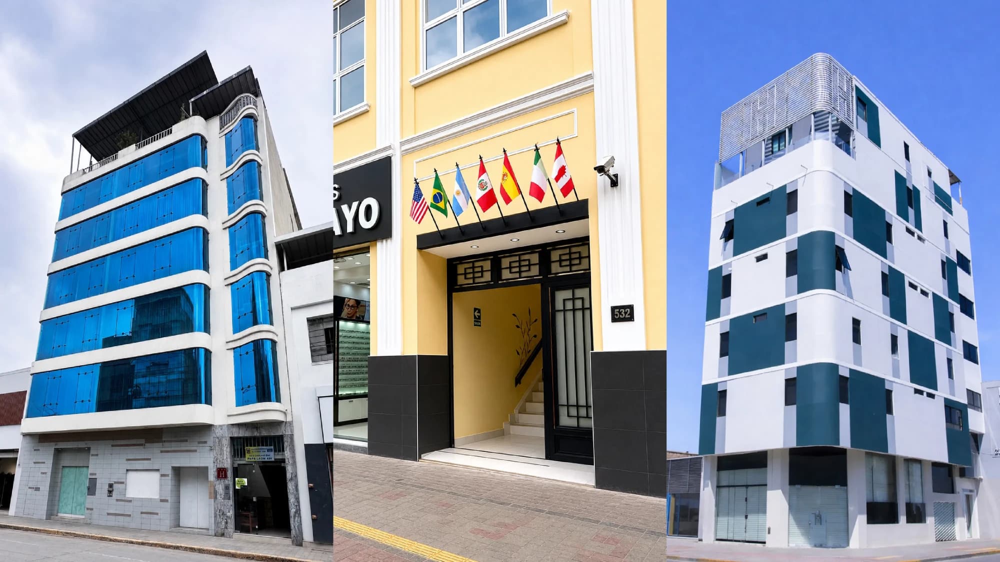 Fachadas de las tres sedes de Zentra Hotel & Cowork en Chiclayo