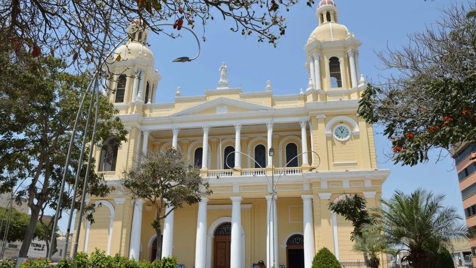 Neoclassical façade of the Santa María Cathedral in Chiclayo